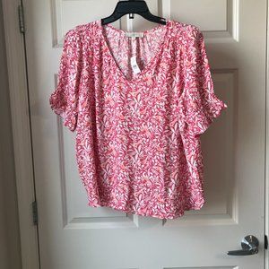 LOFT Floral Short Sleeved Blouse Pink/Coral/Cream L